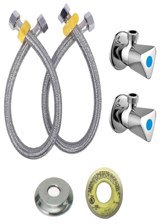 JAGGER صمام زاوية Jagger JAG153 SS مع أنبوب توصيل بطول 24 بوصة، وشفة جدارية وشريط تفلون لتوصيل سخان المياه/حوض غسيل الحمام/مرحاض التدفق مع شفة جدارية وشريط تفلون (مثلث) - Image 1